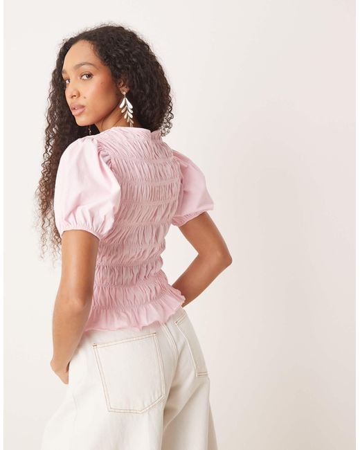 ASOS Pink Cotton Shirred Top With Frill Peplum And Puff Sleeve
