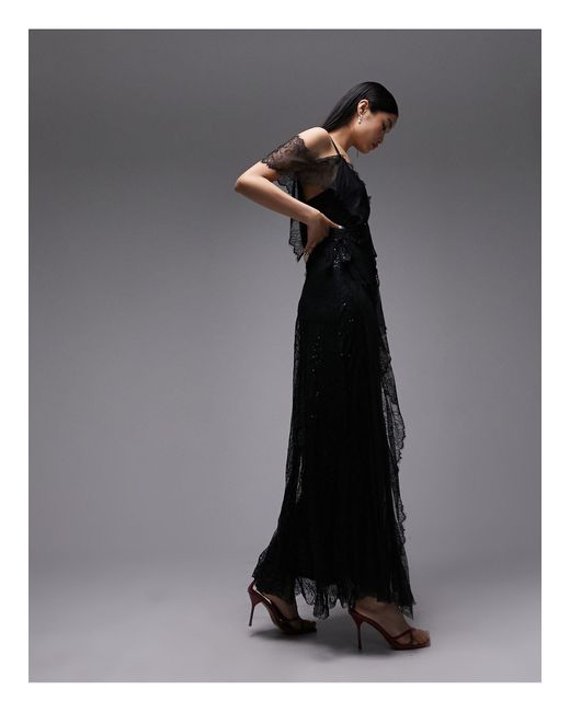 TOPSHOP Black One Sleeve Lace Embellished Maxi Dress