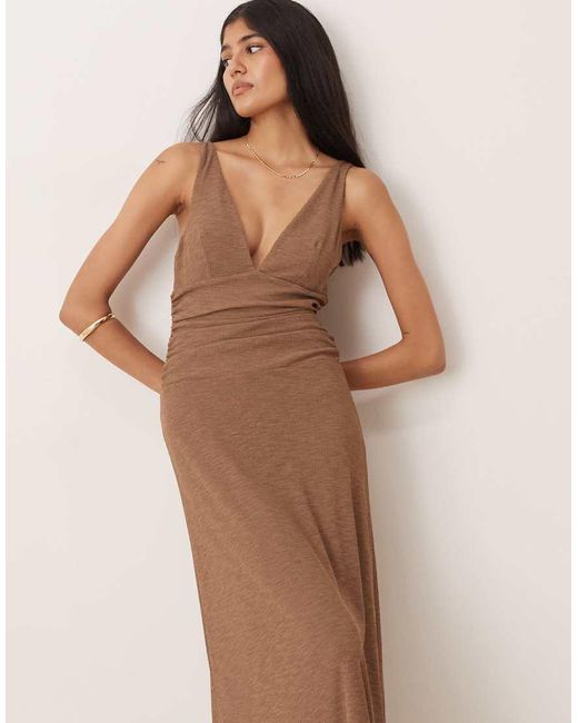 ASOS Natural Mesh Rib Plunge Ruched Waist Maxi Dress