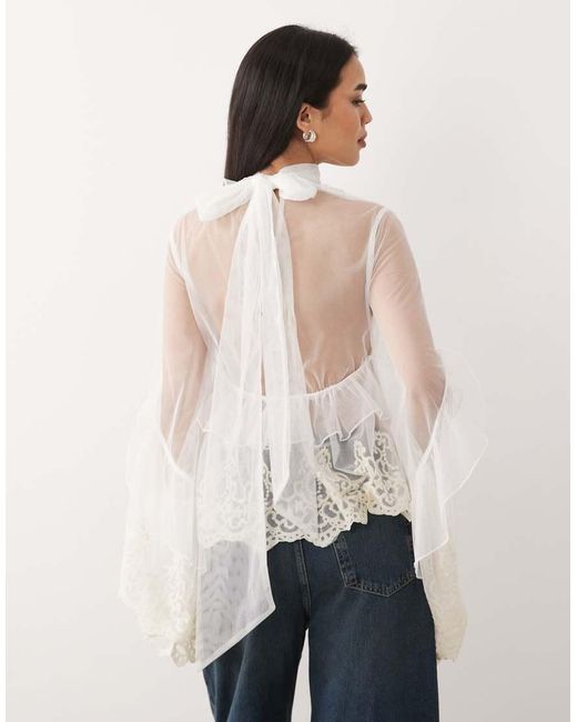 Bardot Natural Anyssa High Neck Embroidered Lace Ruffle Cut Out Detail