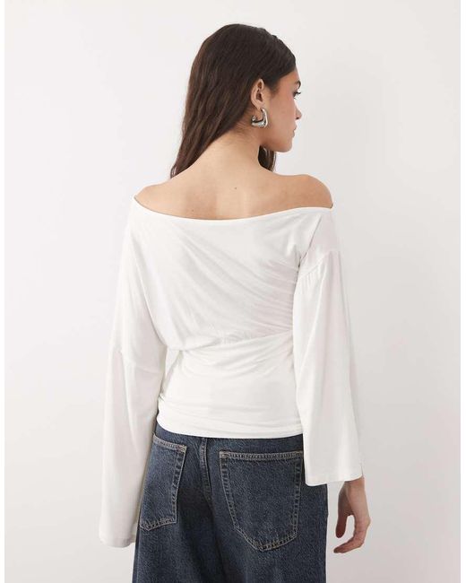 ASOS White Fallen Shoulder Cinched Waist Top