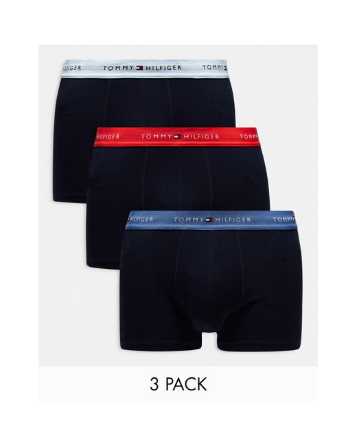 Tommy Hilfiger Blue 3-pack Trunks With Coloured Logo Waistband for men