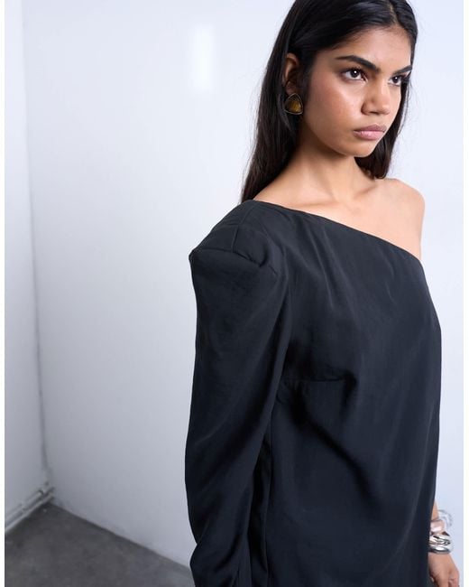 TOPSHOP Gray Cupro Asymmetric Top With Shoulder Pads
