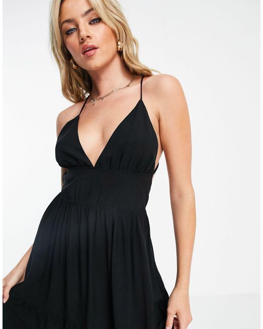 Bershka Tiered Smock Detail Maxi Dress in Black | Lyst UK