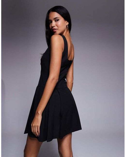 Brave Soul Geplooide Mini Jurk Met Vierkante Hals En Strikdetail in het Black