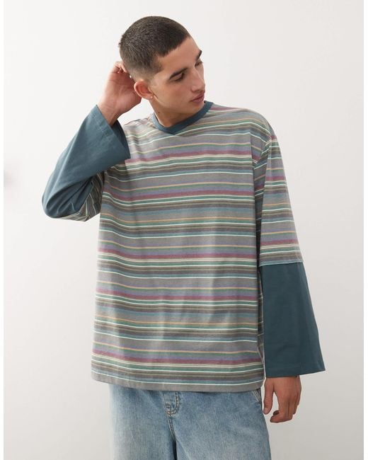 Reclaimed (vintage) Gray Oversized T-shirt With Double Layer Long Sleeve for men