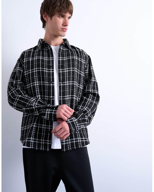 Topman Black Regular Fit Textured Check Overshirt for men