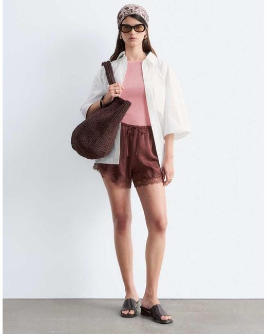 & Other Stories Brown Jacquard Satin Shorts With Lace Trim