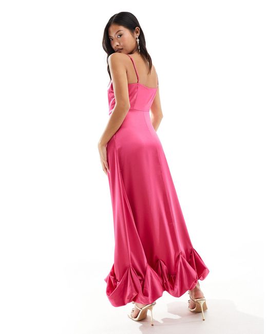 Vila Pink – maxi-trägerkleid aus satin mit gestecktem saum