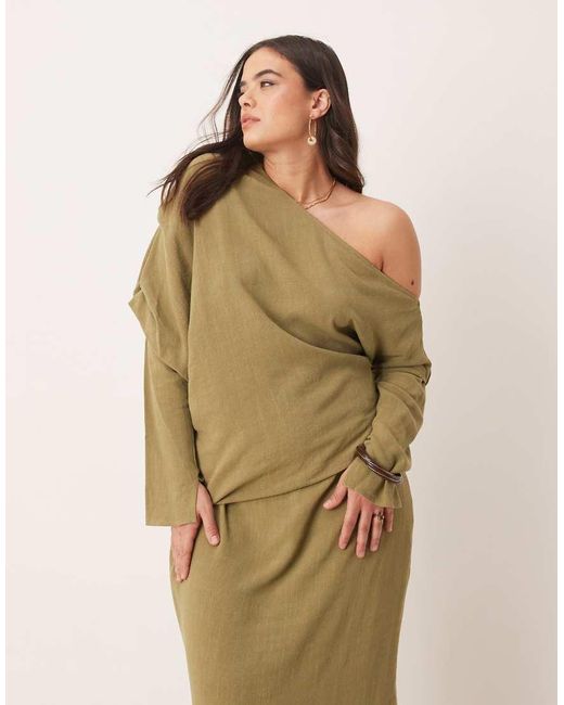 Vestido Midi Asimétrico De Manga Larga Con Sisas Caídas De Lino De Asos Design Curve-Verde ASOS de color Green