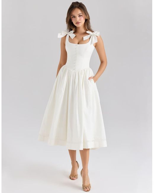 House Of Cb White Lillia Stretch Cotton Bow Midi Dress