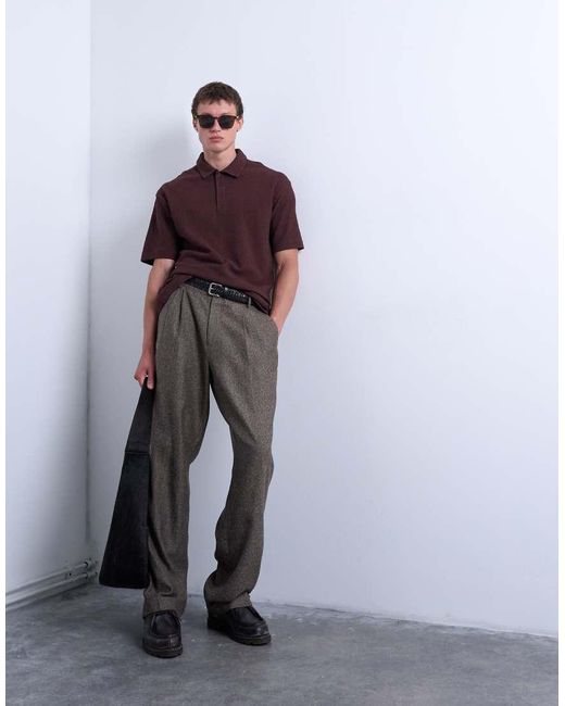 Topman Purple Wide Leg Pleated Herringbone Pants for men