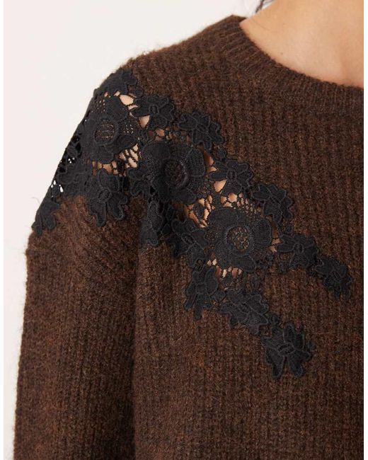 ASOS Brown Lace Insert Boxy Crew Neck Sweater