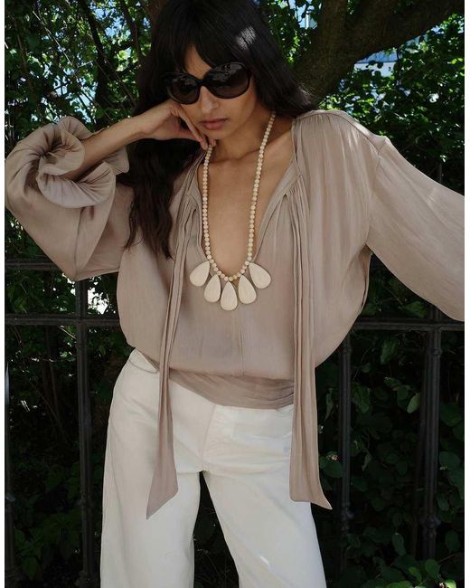 NA-KD Natural Ruched Waist Ruffle Blouse