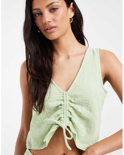 Pieces White Crinkle Cotton Sleeveless Tie Front Top