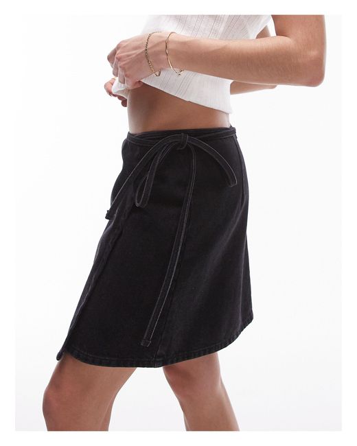 TOPSHOP Black Denim Knee Length Wrap Skirt