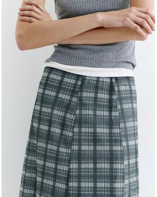 Pull&Bear Gray Check Midi Skirt