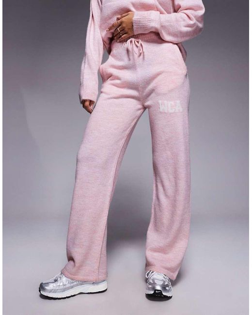 ASOS Purple Weekend Collective Knitted Wide Leg Trackies With Varsity Graphic