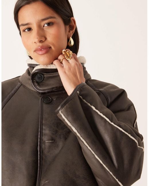 Gina Tricot Natural Oversized Reversible Borg Jacket With High Funnel Neck