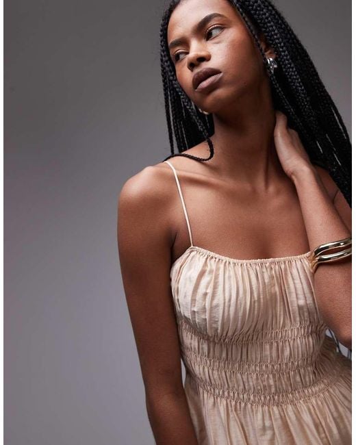 & Other Stories Brown Milkmaid Midi Dress With Smocking And Spaghetti Straps