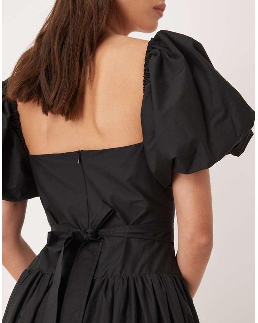 Sister Jane Black Dream Bright Intentions Cotton Blend Puff Sleeve Midi Dress