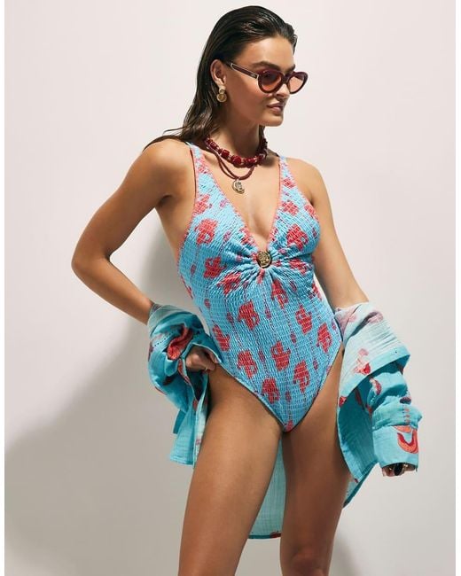River Island Blue Shirred Palm Print Swimsuit