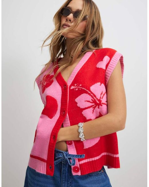 River Island Red Floral Sleeveless Cardigan