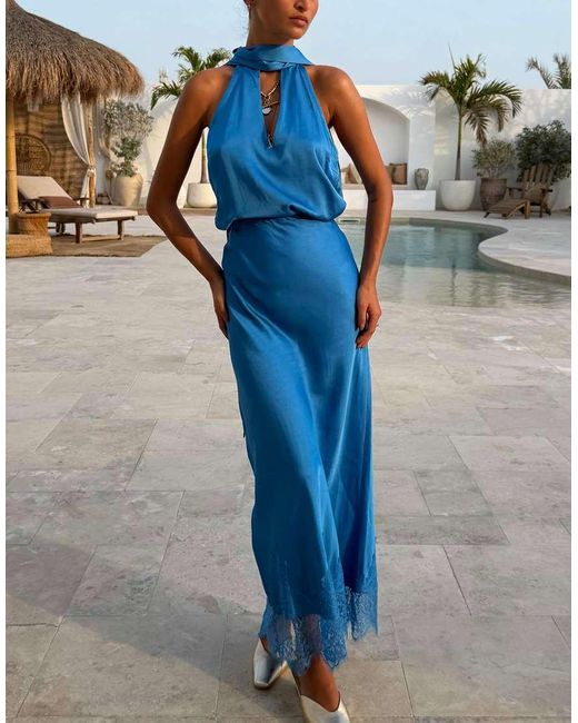 Never Fully Dressed Blue Satin High Rice Lace Hem Maxi Skirt