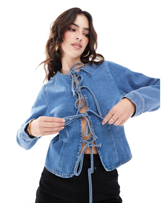 ASOS Blue Denim Long Sleeve Tie Front Top