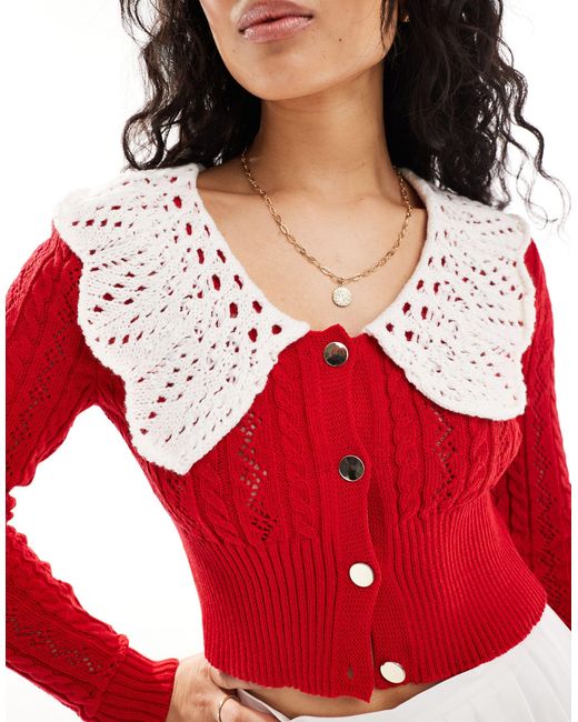 Miss Selfridge Red Big Collar Detail Knitted Cardigan