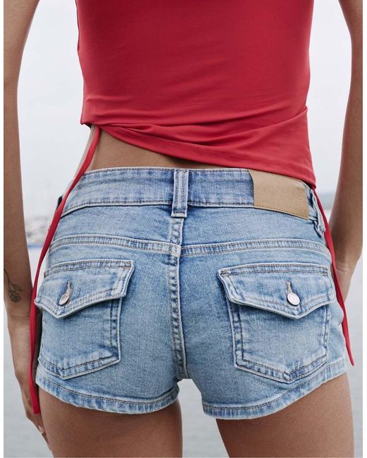 Pull&Bear Denim Mini Short Met Dubbele Knopen in het Blue