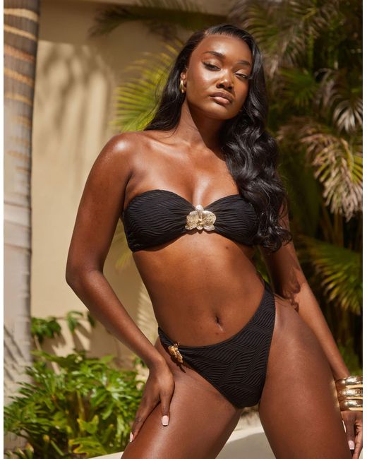 South Beach Green Textured Wave Bandeau Bikini Top With Gold Hardware