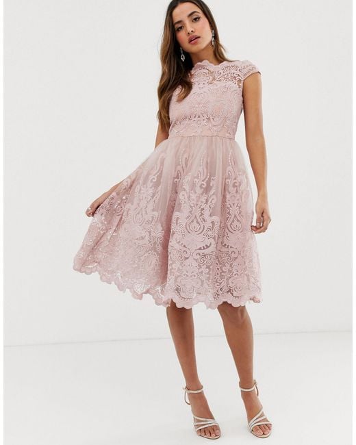 Chi Chi London Premium Lace Midi Prom Dress With Bardot Neck | Lyst