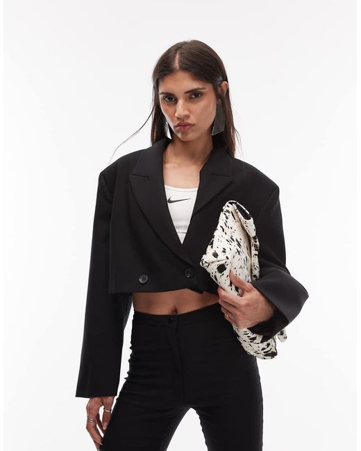 ASOS Black Double Breasted Crop Boxy Blazer With Shoulder Pads