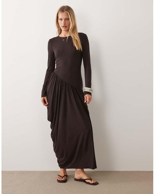 ASOS Brown Long Sleeve Draped Skirt Midi Dress