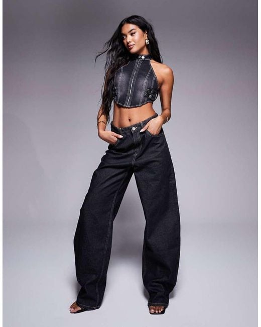 Liquor N Poker Blue High Neck Panel Stitch Top With Buckle Detail