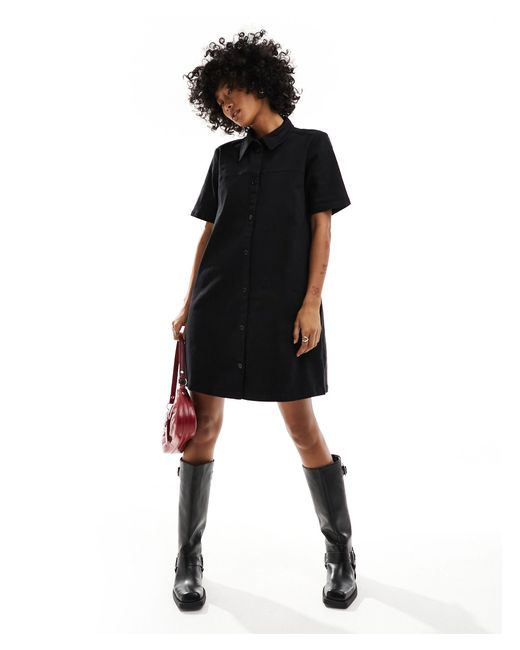 Monki Black Short Sleeve Button Through Collar Mini Dress