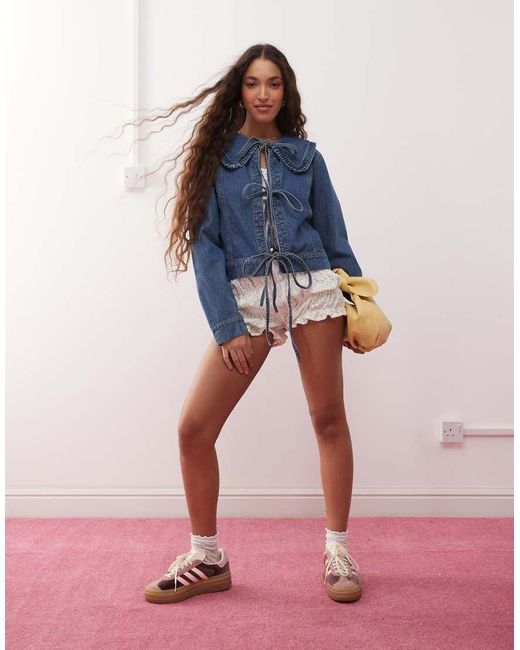 Miss Selfridge Denim Jack Met Gestrikte Voorkant En Ruches Aan De Kraag in het Blue