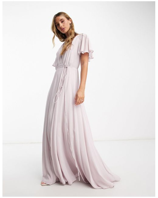ASOS Bridesmaid Flutter Sleeve Maxi Dress With Full Skirt And Self Tie in Pink Lyst UK