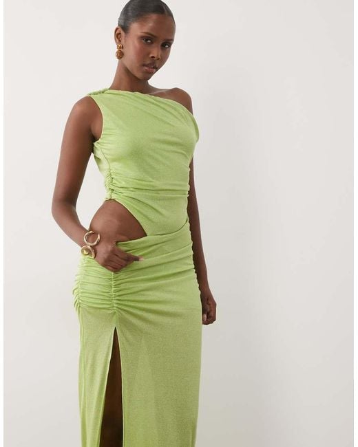 Murci Green Off Shoulder Ruched Detail Shimmer Knit Maxi Dress