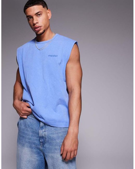 ASOS Rechte Oversized Tanktop Van 220Gsm Zware Stof Met Tekstprint in het Blue voor heren
