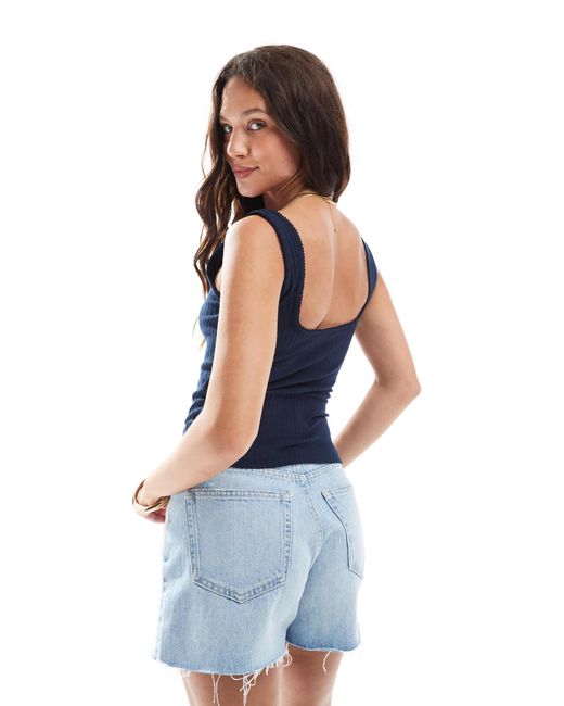 Miss Selfridge Blue Ribbed Button Through Sleeveless Tank Top