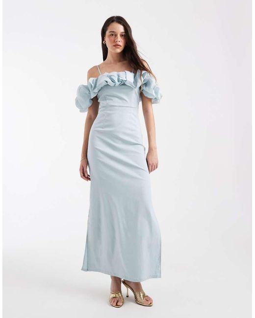 Object Blue Extreme Off The Shoulder Satin Ruffle Trim Maxi Dress