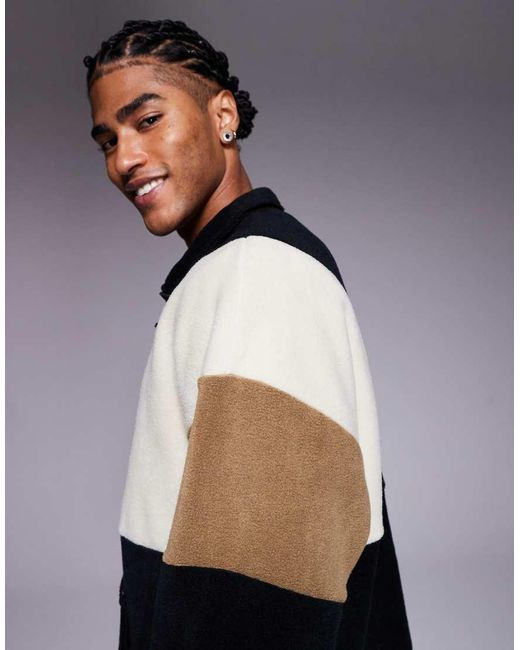 ASOS Blue Relaxed Quarter Zip Funnel Neck Fleece Sweatshirt With Colour Block for men