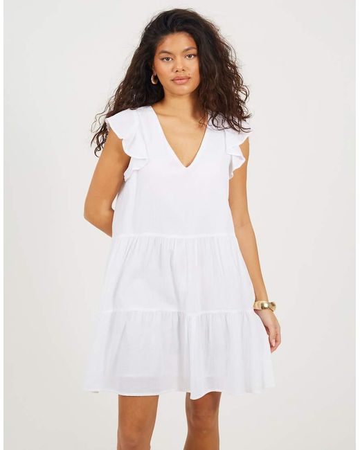 Brave Soul White Frill Sleeve V-Neck Tiered Mini Dress