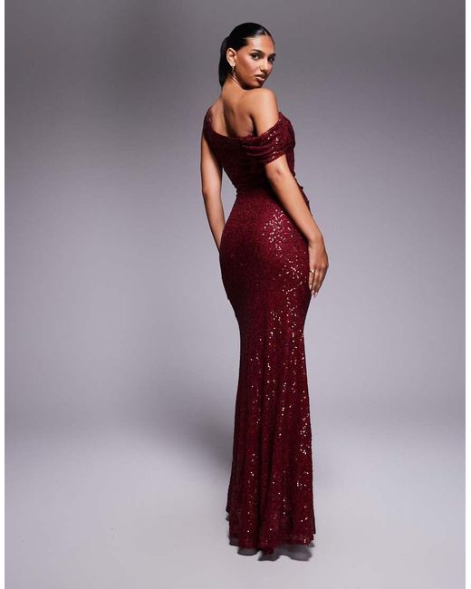 Goddiva Purple Sequin Cowl One Shoulder Maxi Dress