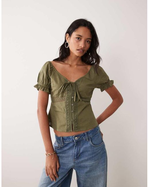 Wednesday's Girl Green Short Sleeve Floaty Lace Detailed Blouse
