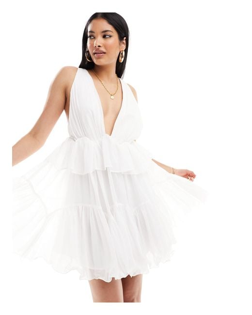 ASOS White Plunge Pleated Tiered Mini Dress