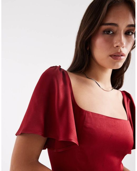 Maids To Measure Red Bridesmaid Square Neck Flutter Sleeve Maxi Dress