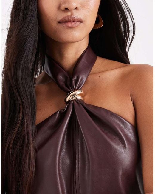 4th & Reckless Purple Leather Look Gold Hardware Knot Detail Halterneck Maxi Dress